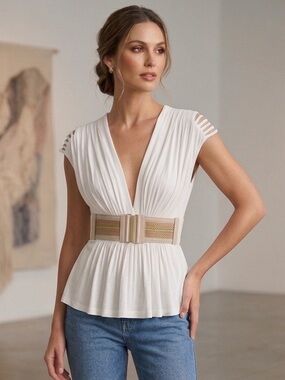 NWT SKY V-Neck Peplum Top Faux Leather Woven Belt Metal Buckle L